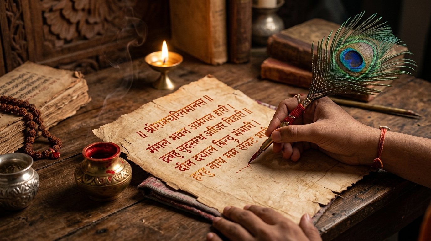 मोर-पंख कलम से भोजपत्र पर लिखी रामचरितमानस चौपाइयां